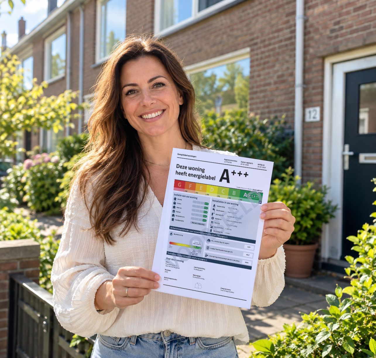 Lachende vrouw voor haar woning met een energielabel in haar handen